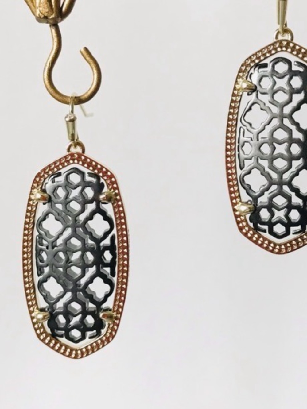 Black Filigree Drop Earrings with Rose Gold Frame
